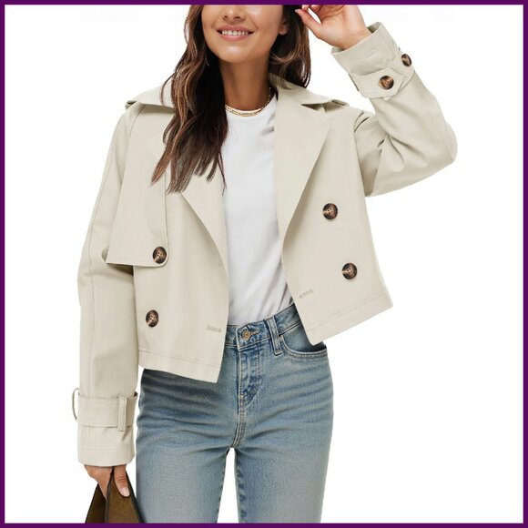 Cropped Trench Coat Double Breasted Lapel Jacket Lightweight Fall Outwear